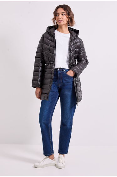 LIGHT WEIGHT LONG PUFFER WAIST ADJUSTERS BLACK