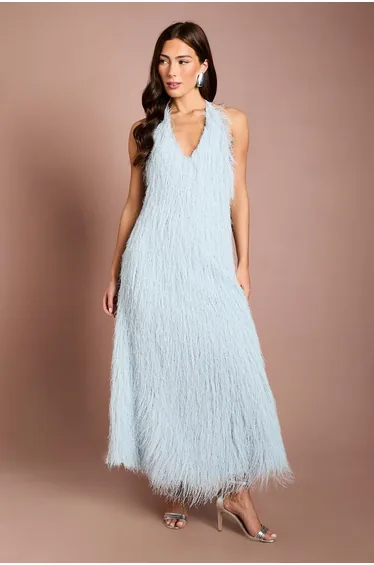 Coast Muse Halterneck Faux Feather Fringe Maxi Dress