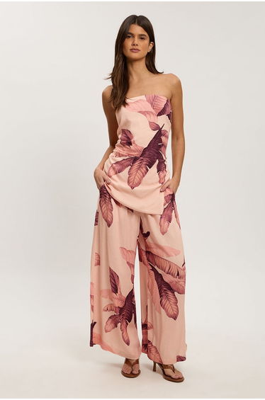 Petite Viscose Linen Palm Print Bandeau Top
