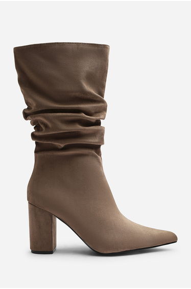 Lilyana Ruched Heeled Calf Boot In Taupe Suede