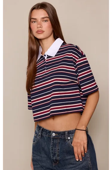 Navy Striped Cropped Collar Detail Short Sleeve T-Shirt