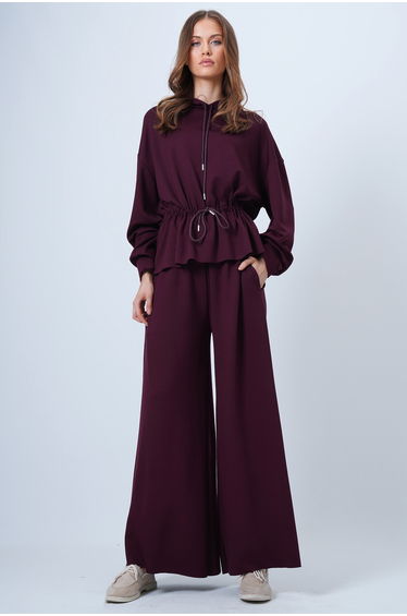Women's Burgundy Hooded Gathered Waist Modal Blouse and Pants Set