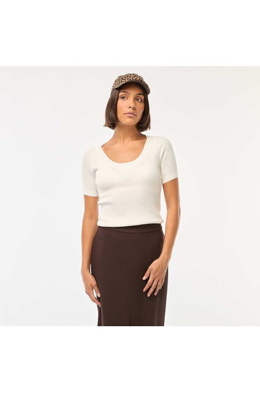 Short-sleeved ribbed sweater with scoop round neckline WHITE