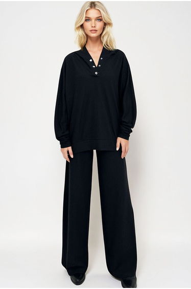 Women's Black Hooded Snap Fastener Oversize Sweatshirt and Pants Bottom Top Suit