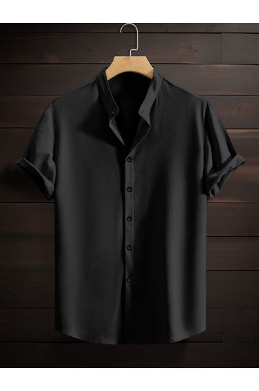 Men Black Textured Mandarin Collar Shirt