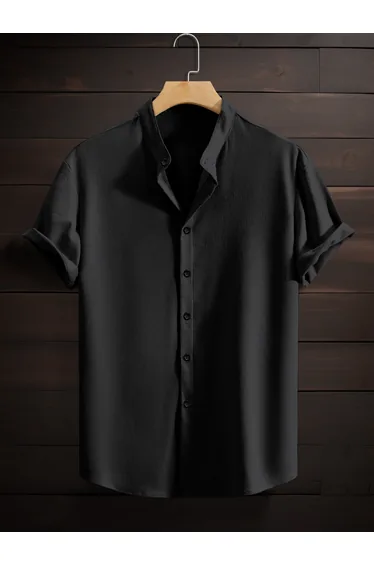 Men Black Textured Mandarin Collar Shirt