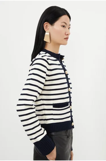 Cotton Cropped Knit Boxy Striped Cardigan