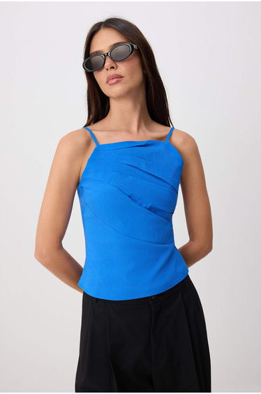 Blue Pili Detailed Woven Blouse