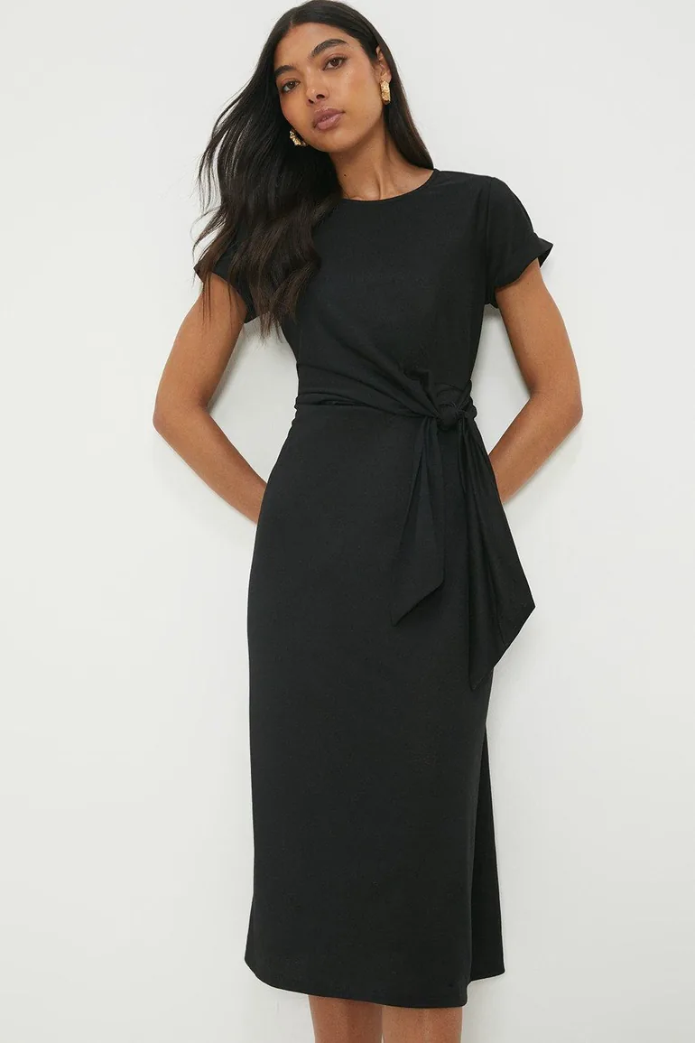 Shop Black Tie Detail Short Sleeve Midi Dress Online in Oman