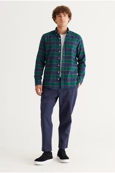 Green-Navy Blue Slim Fit Slim Fit Buttoned Collar 100% Cotton Lumberjack Shirt