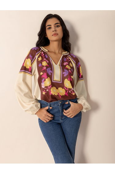 Printed V Neck Lantern Sleeve Blouse