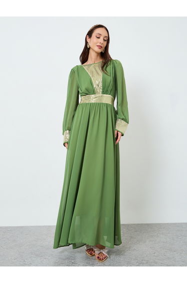 Women Olive Embellished Sequin Pleated Maxi Dress