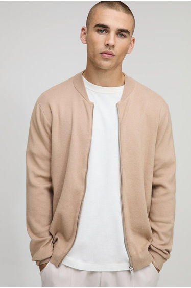 Regular Fit Smart Knitted Bomber Jacket - taupe