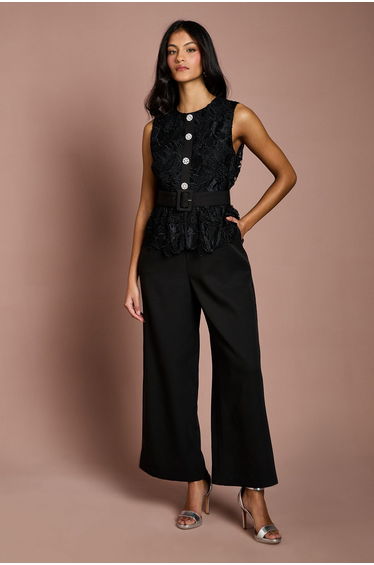 Petite Lace Bodice Crepe Trouser Belted Jumpsuit