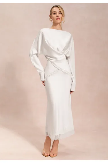 Scalloped Lace-Trim Crisscross Satin Top in White for Bridal Events & Anniversary Dinners