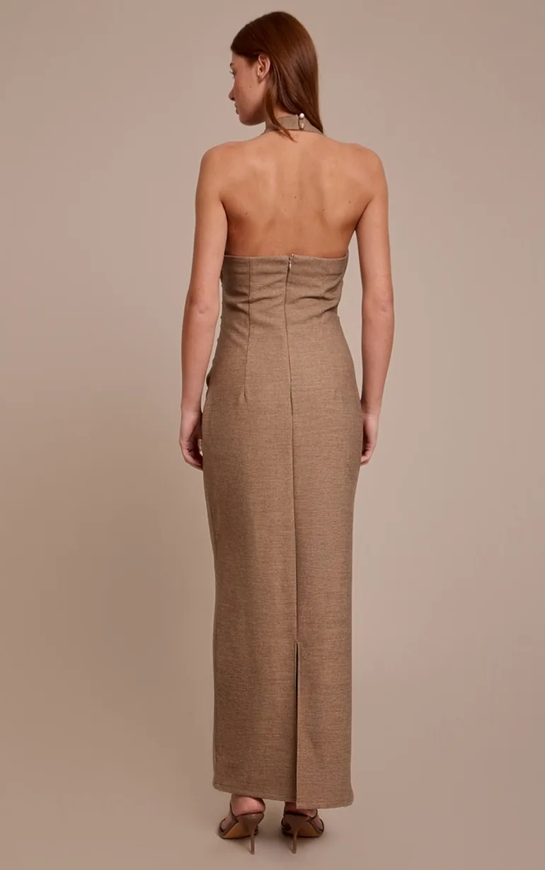 Taupe Halterneck Ruched Detail Maxi Dress - 1