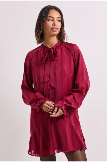 Tie Neck Satin Burnout Tiered Smock Dress
