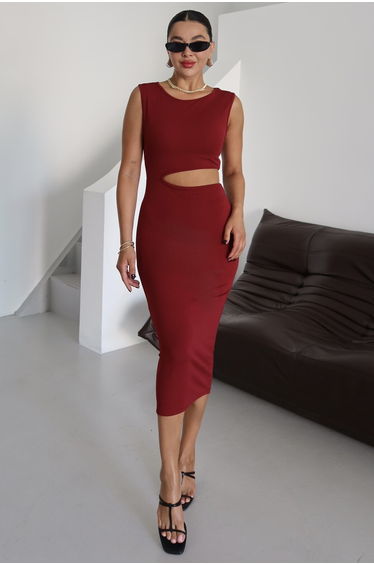 Women's Burgundy Sleeveless Waist Window Detailed Midi Length Dress