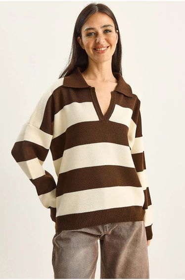 LUCCI Striped V-Neck Long Sleeve Pullover Sweater