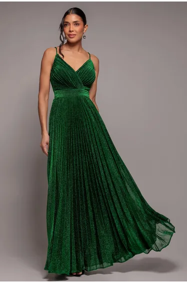 Goddiva Sleeveless Pleated A Line Lurex Maxi Dress