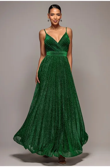 Goddiva Sleeveless Pleated A Line Lurex Maxi Dress