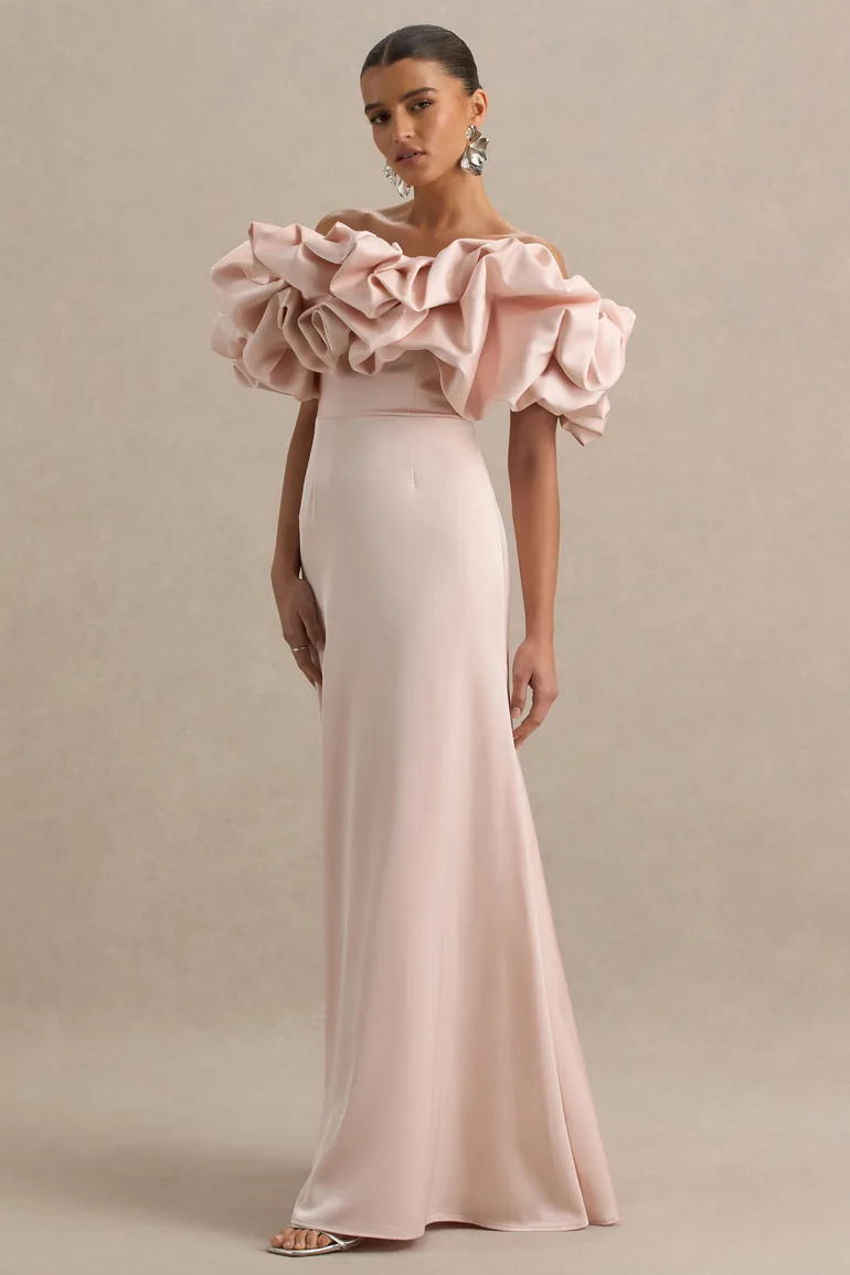 Allie | Pale Pink Puff Bardot Maxi Dress - 3