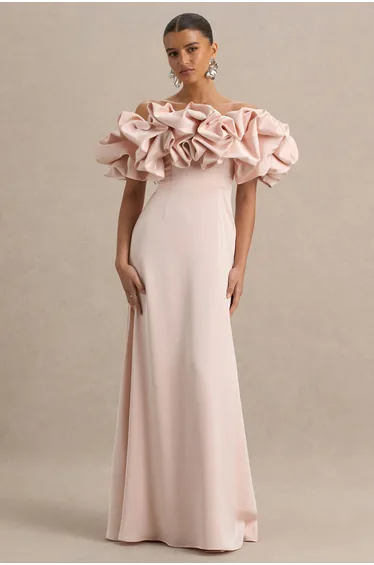 Allie | Pale Pink Puff Bardot Maxi Dress