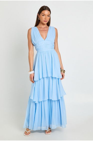 Chiffon Plunge Front Tiered Maxi Dress - pastel blue