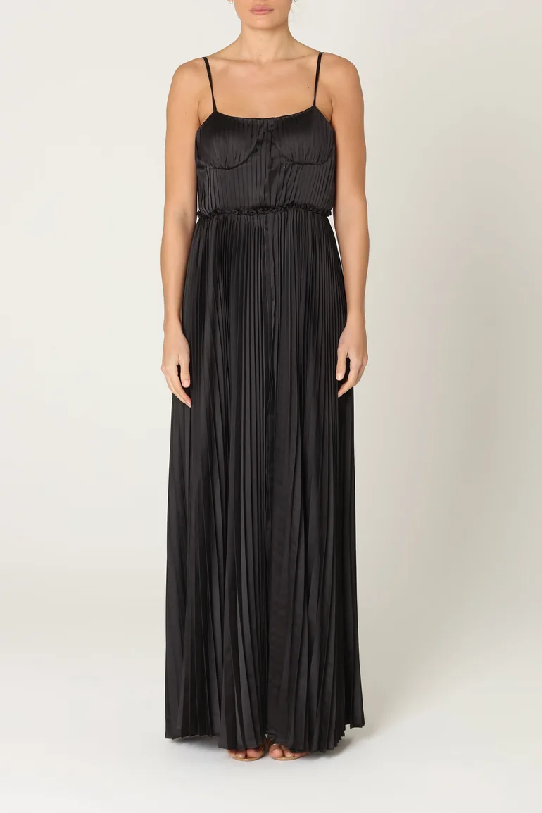 Black Pleated A-Line Maxi Party Dress