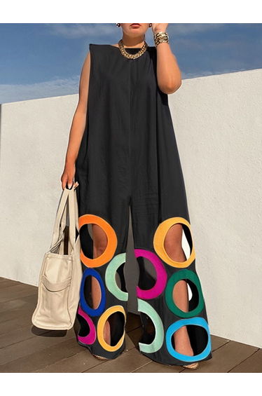 Loose Sleeveless Contrast Color Hollow Jumpsuits