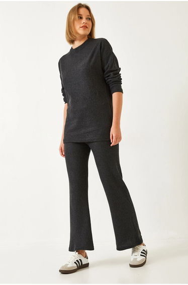 LUCCI Ribbed Textured Crew Neck Long Sweater and Pants Set
