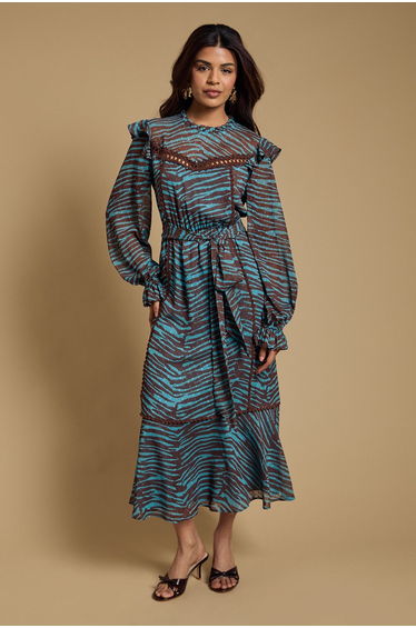 Petite Printed Dobby Chiffon Belted Waist Midi Dress