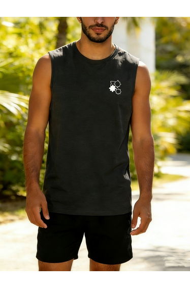 Men Charcoal Printed Round Neck Tank and Shorts Co-Ords