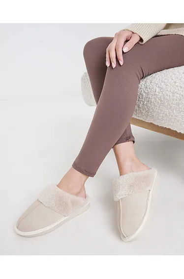 Faux Fur Lined Suede Mule Slipper Wide