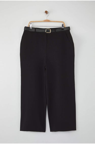 Black Wide Leg Premium Belted Plus Size Trousers
