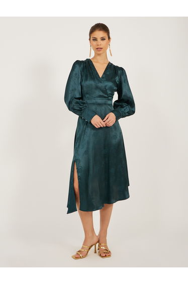 Textured Long Sleeves Pleated A-Line Midi Dress