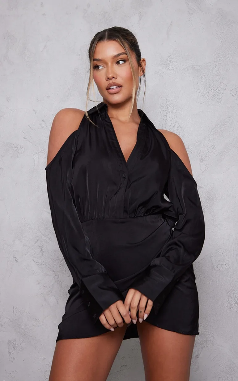 cold shoulder shirt dress LWavelet Women's Plus Size Cold Shoulder Dress Short Sleeve Round Neck Casual Loose T-Shirt Dress with Pockets Black 4XL