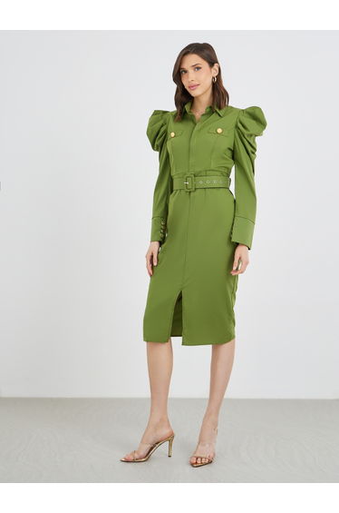 Solid Puff Sleeve Buttoned Belted Knee Length Dress