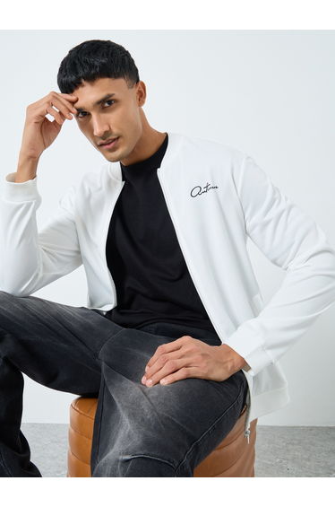 Men White Text Print Bomber Jacket