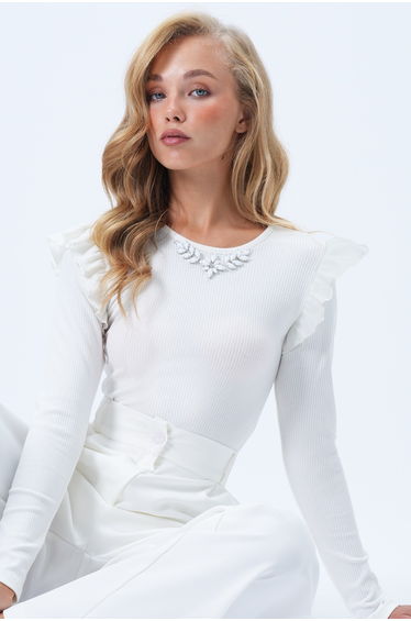 Women's Ecru Crew Neck Ruffle Sleeve Stone Embroidered Camisole Blouse