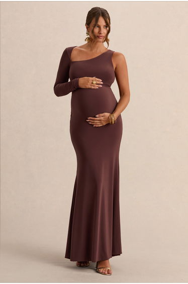 Oh Baby | Brown Maternity One Shoulder Bodycon Maxi Dress