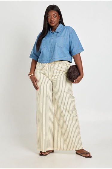 Plus Stripe Poplin Drawcord Wide Leg Trouser - lemon
