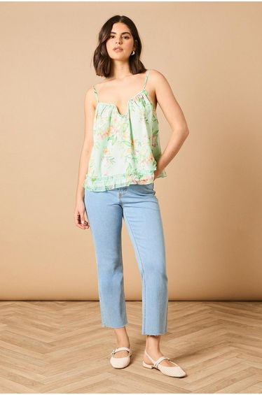 Printed Frill Detail Babydoll Cami Top