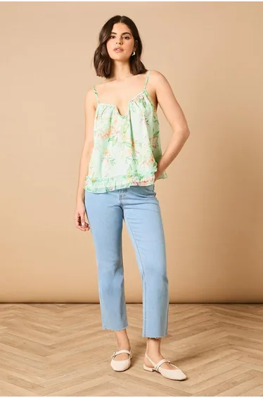 Printed Frill Detail Babydoll Cami Top