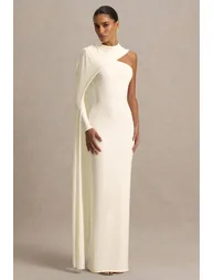 Dawn | Cream High-Neck Maxi Dress With One Long-Sleeve And Cape