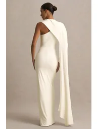 Dawn | Cream High-Neck Maxi Dress With One Long-Sleeve And Cape - 1