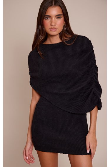 Black Brushed Rib Overlay Detail Bodycon Dress