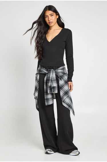 Tall Wrap Front Long Sleeve Top And Straight Leg Jogger Tracksuit - black