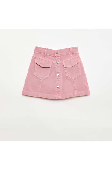 Button-Front Denim Skirt PINK