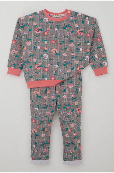 Baby Girl Tracksuit Set Plaid Pattern Flower Garden Mink